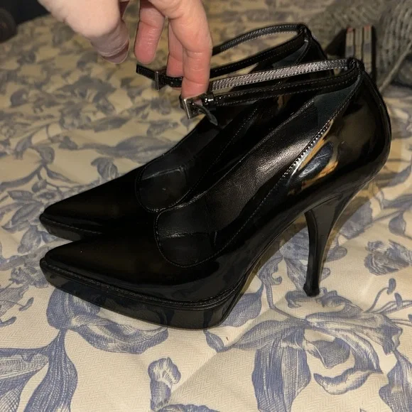 Prada Patent Leather Black Ankle Strap Heels Shoes Pumps 7
